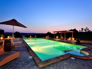 Seasonal outdoor pool, pool umbrellas, pool loungers