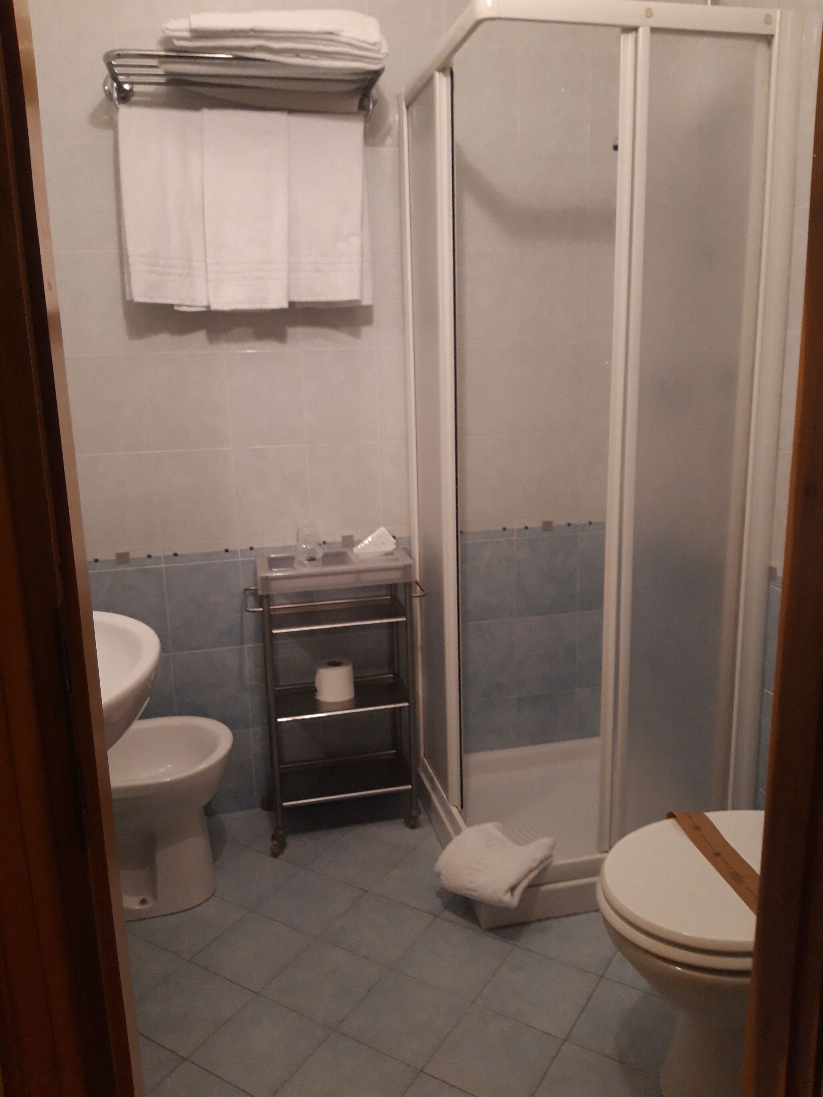 Un baño con ducha, inodoro y lavabo.