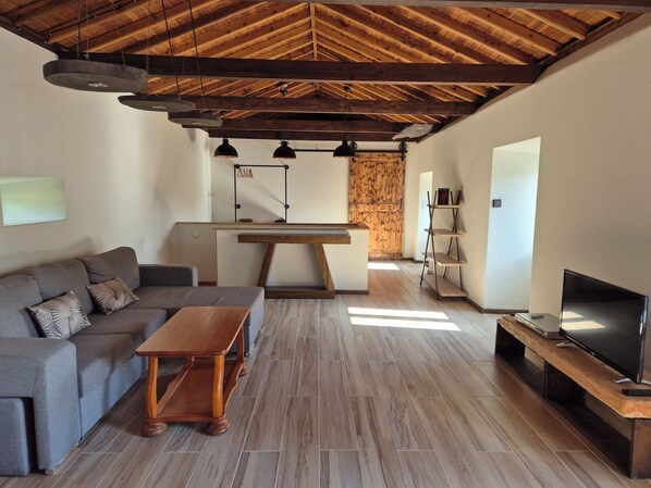 A modern living room with a sofa, coffee table, TV, and wooden flooring.