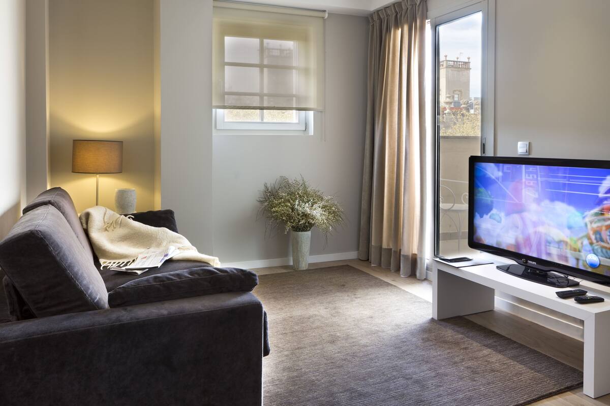 Un salon moderne avec un canapé, un téléviseur à écran plat, une plante en pot et une fenêtre avec des rideaux.