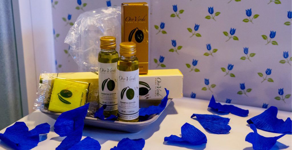 Un plateau contenant des articles de toilette, notamment un flacon de shampoing, un flacon d’après-shampoing et une boîte de shampoing.