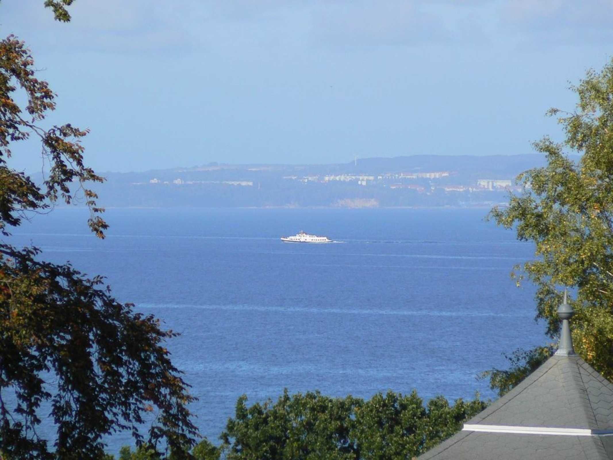 A view of a calm sea with a boat in the distance, surrounded by trees and a distant shoreline.