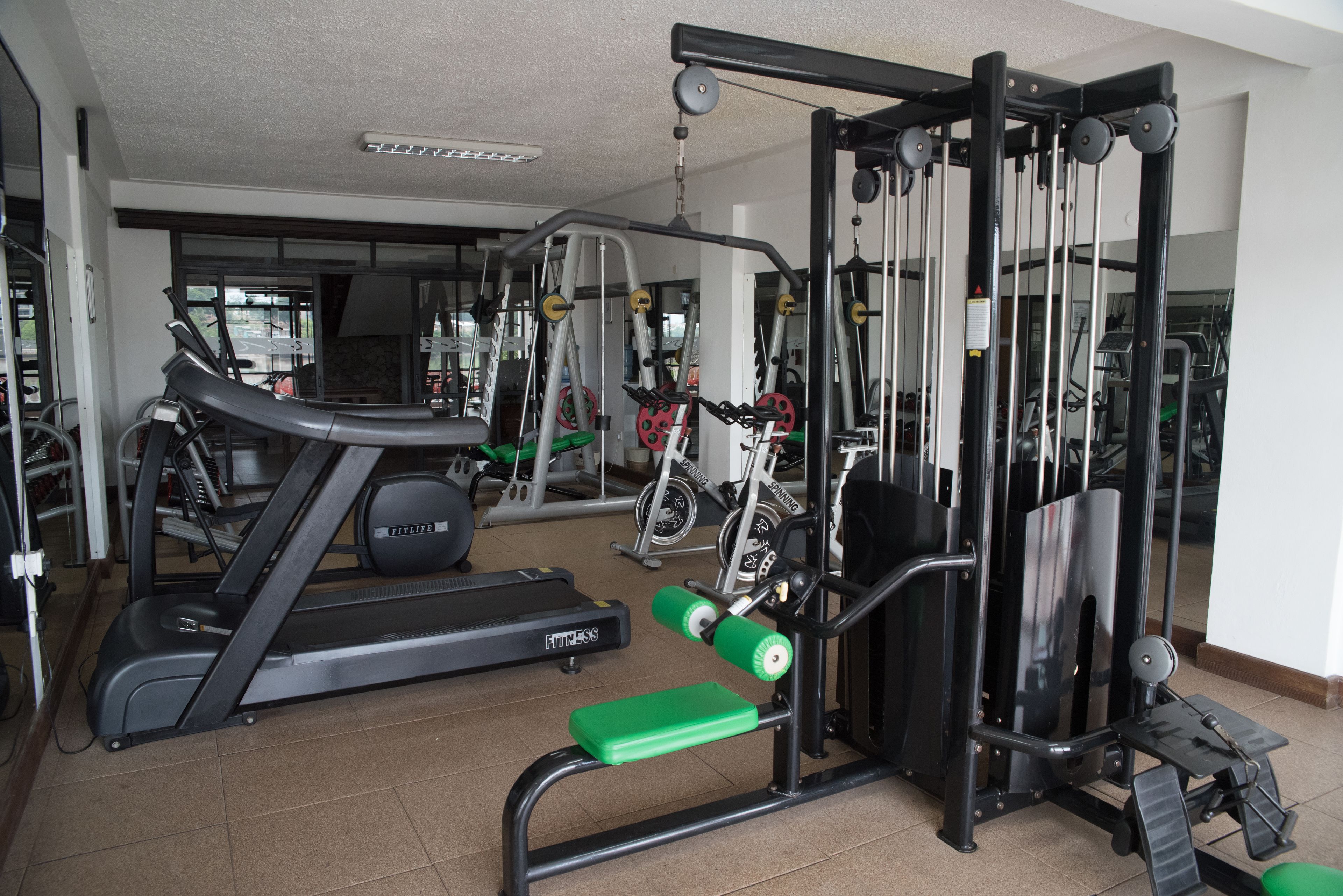 A gym with treadmills, weight machines, and a bench.