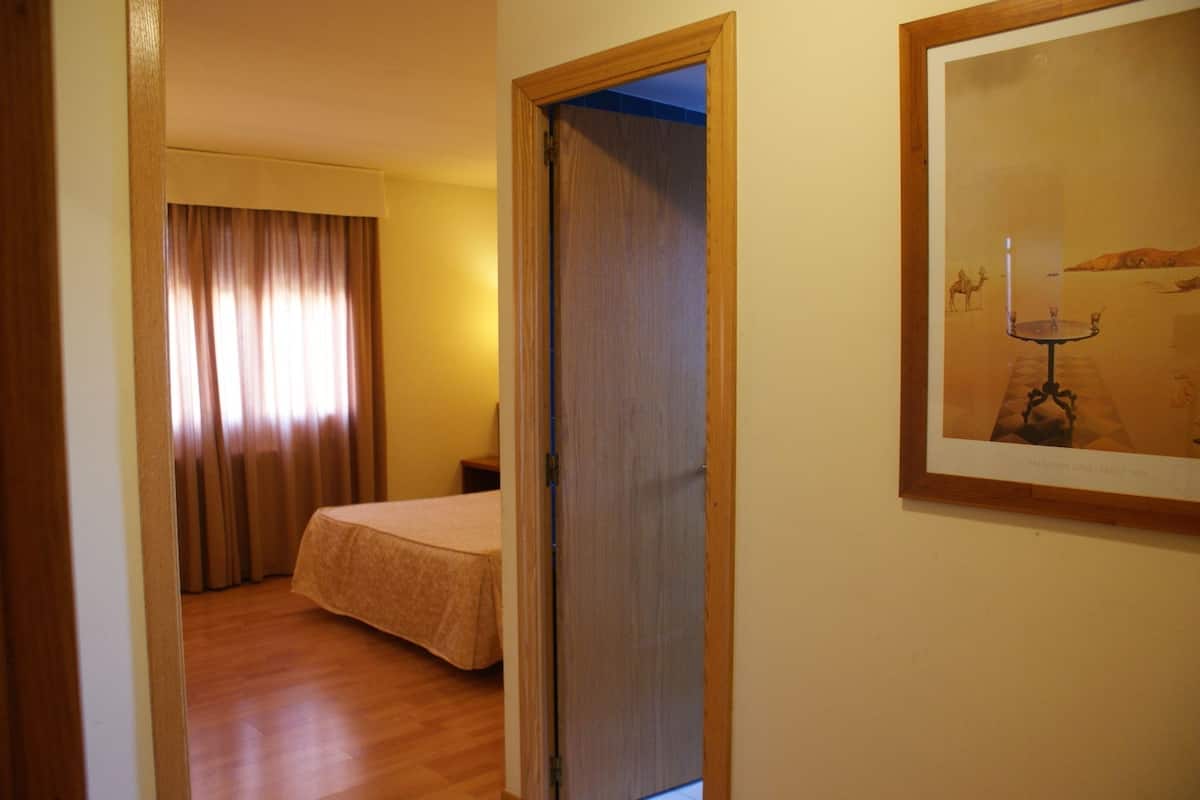 A hotel room with a bed, a curtain, a door, and a framed picture on the wall.