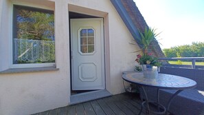 A patio with a table and chairs, a door, and a potted plant.