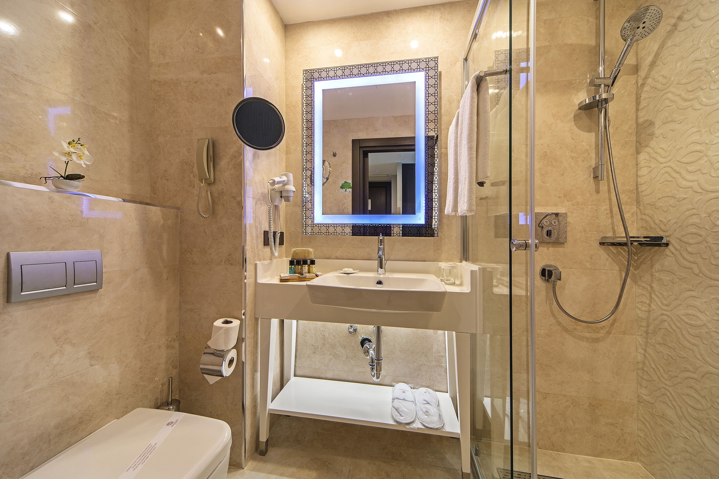 Une salle de bain moderne avec une douche à parois de verre, un meuble-lavabo avec un miroir et des toilettes.