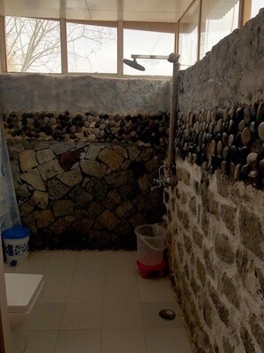 Combined shower/tub, free toiletries, towels, soap