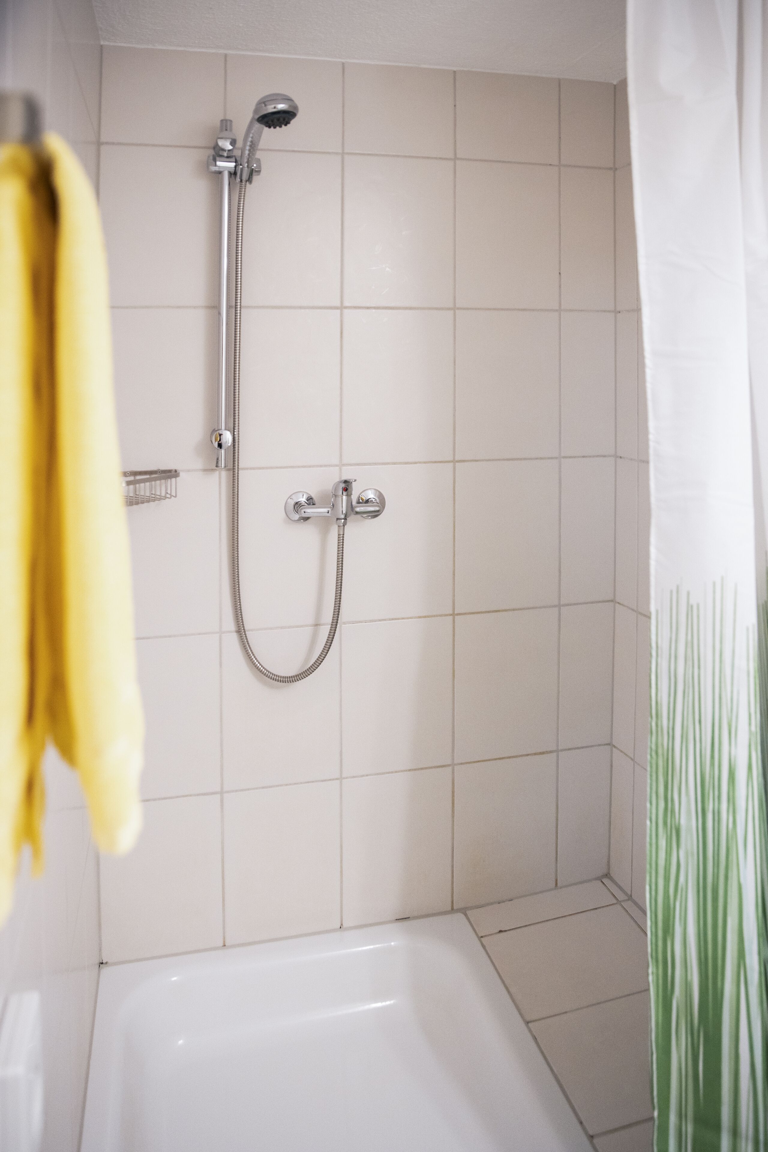 A bathroom with a shower, a bathtub, and a towel rack.