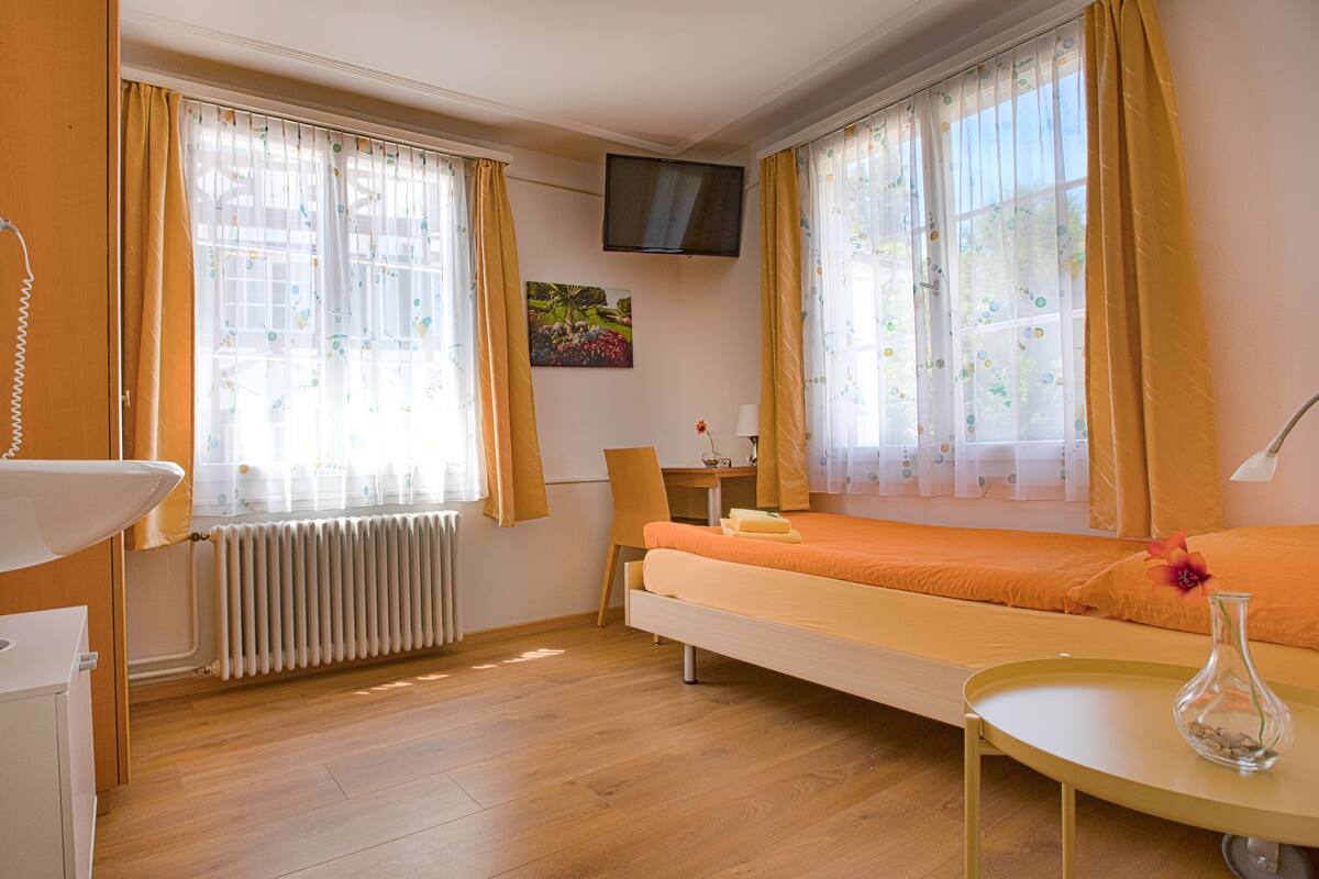 A room with a bed, a desk, a chair, a radiator, a TV, and a vase with flowers.