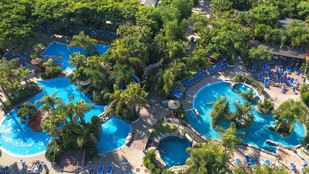 Luchtbeeld van een resort met meerdere zwembaden, omringd door weelderige begroeiing en palmbomen.