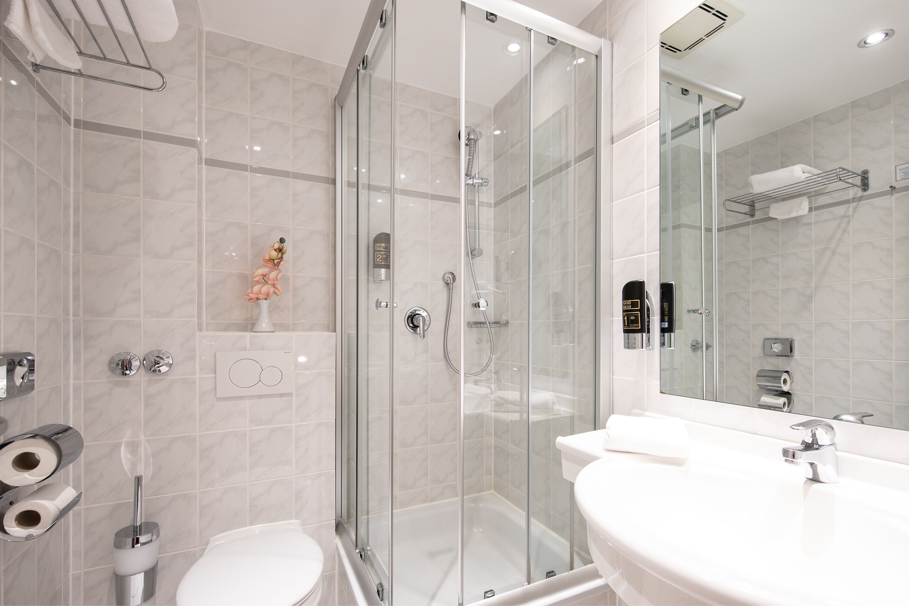 hair dryer, towels, soap, shampoo