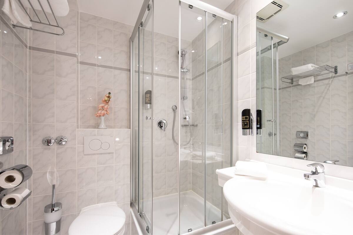 hair dryer, towels, soap, shampoo