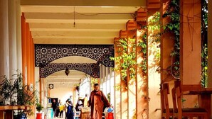 A corridor with a patterned floor, a wooden chair, and potted plants. - Riad Jasmeene: Exclusive rental with WiFi and access to Pools!  (Marrakech)