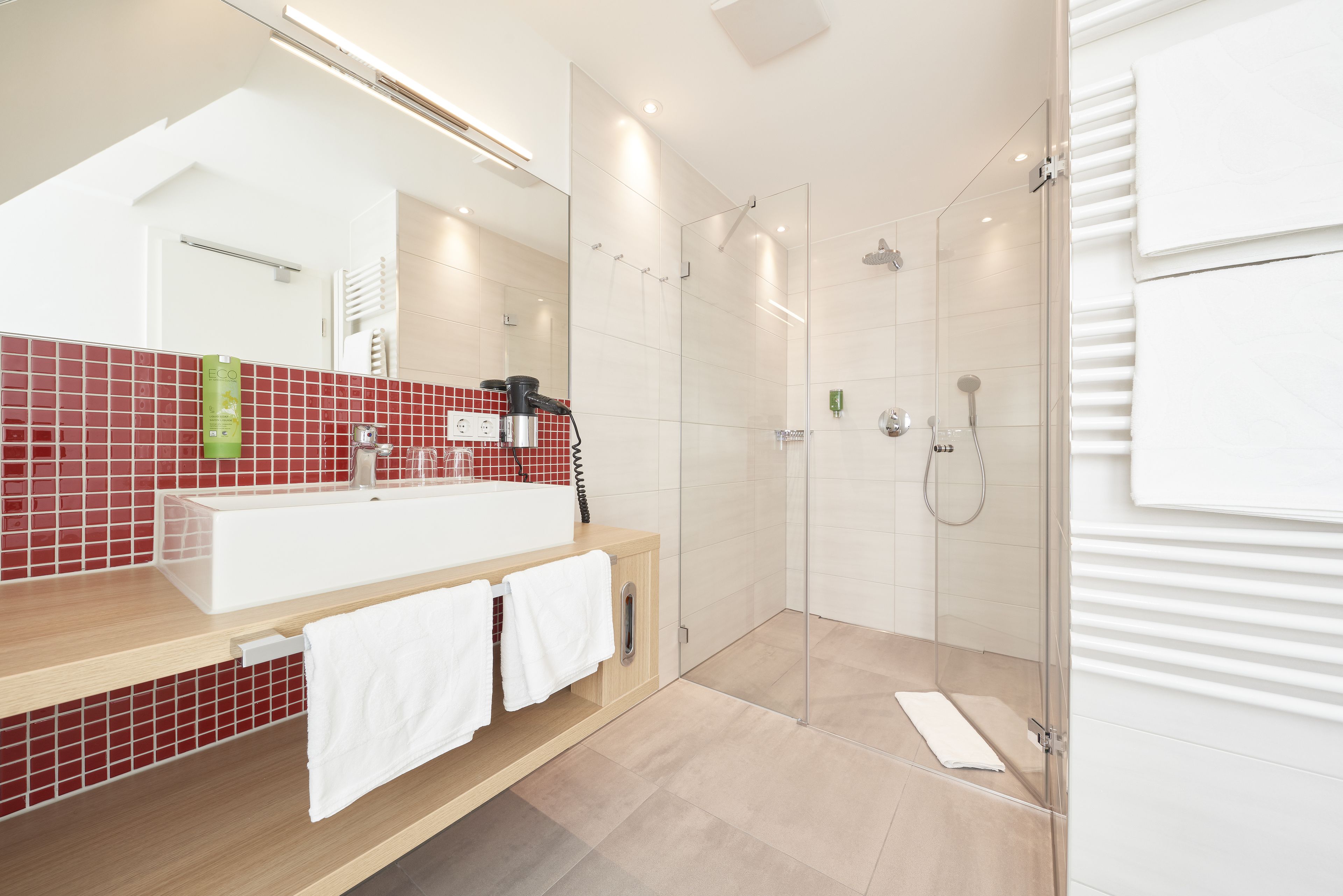 family room | bathroom | shower, free toiletries, hair dryer, towels