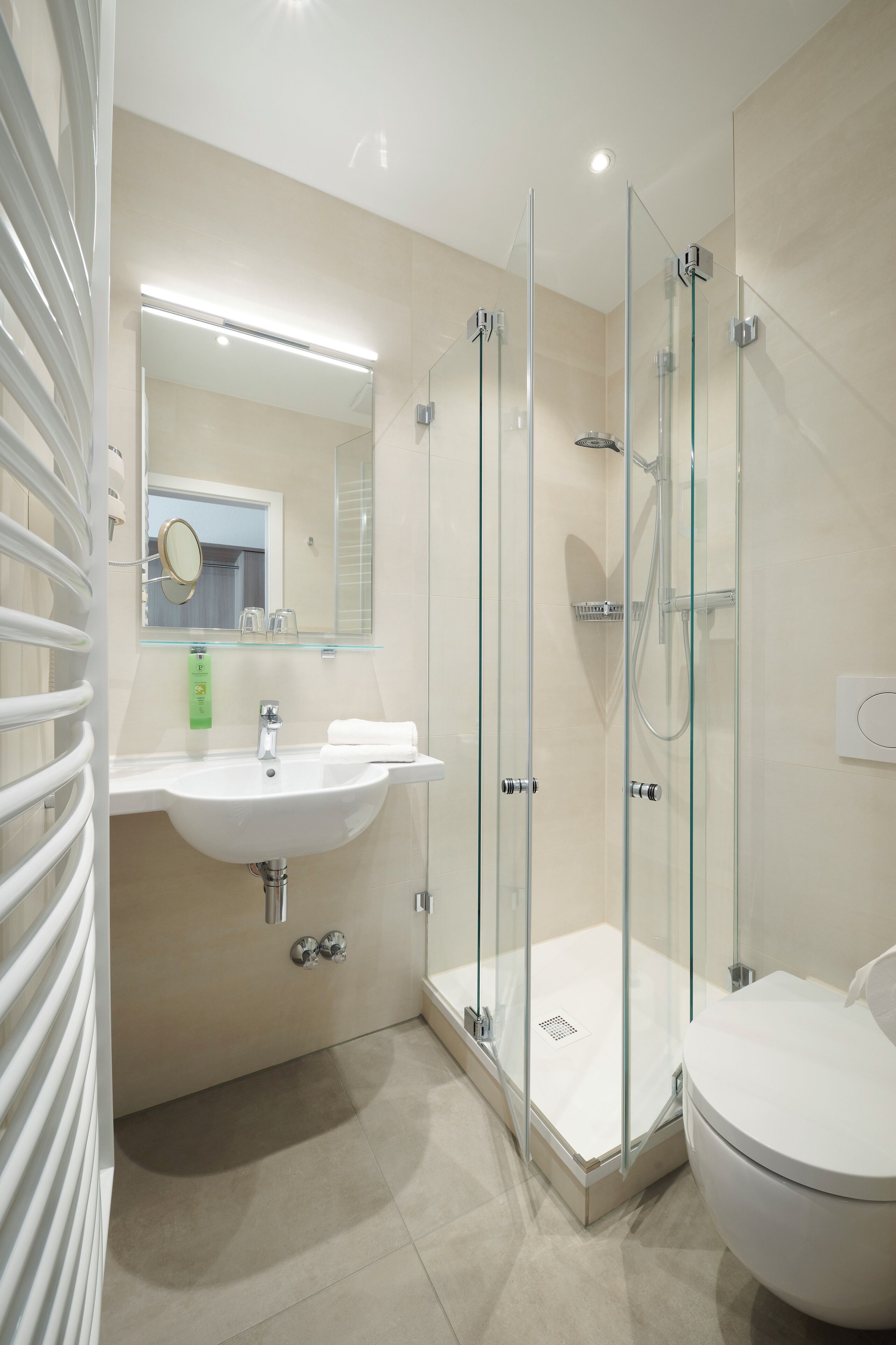 A modern bathroom with a glass-enclosed shower, a white sink, and a toilet.