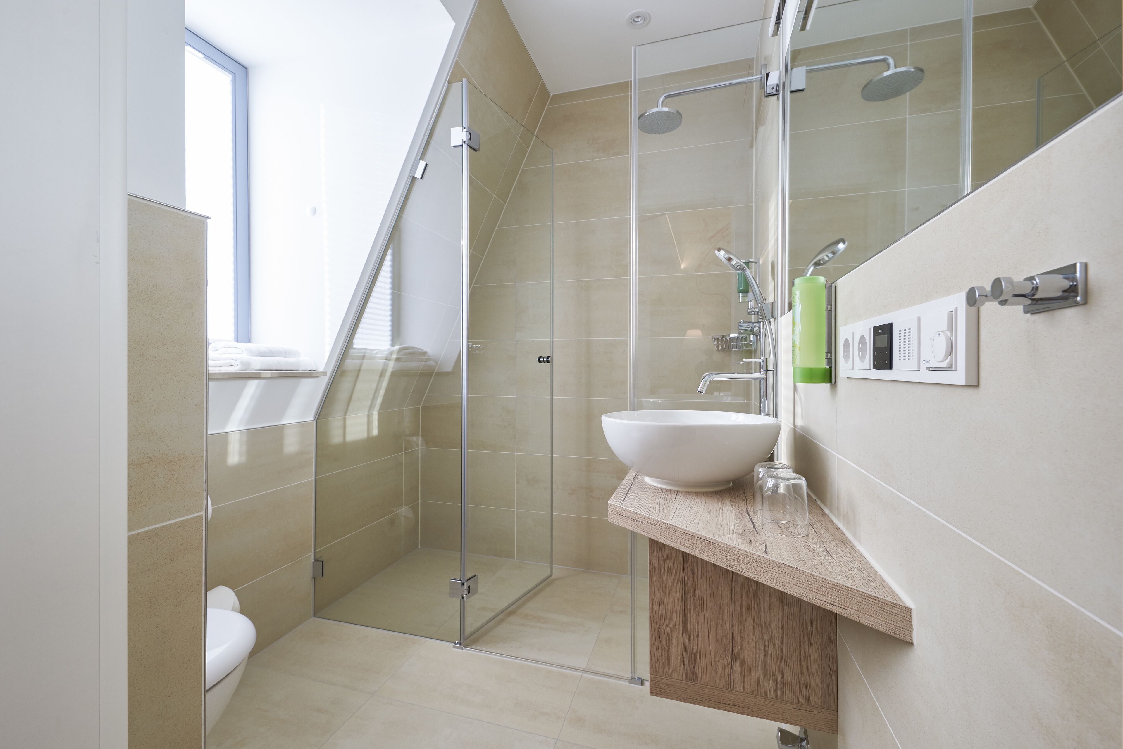 double room (attic storey) | bathroom | shower, free toiletries, hair dryer, towels