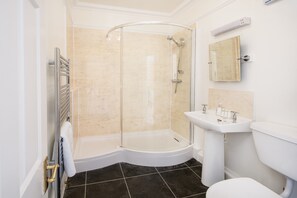 Shower, free toiletries, hair dryer, towels
