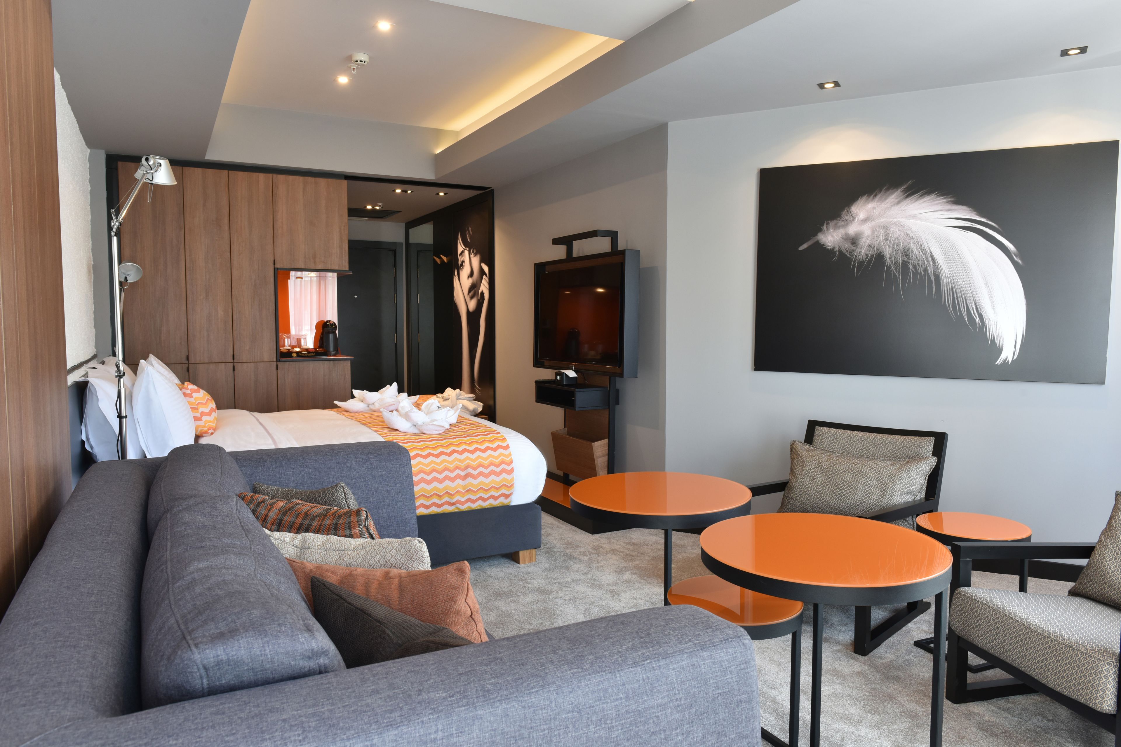 A modern hotel room with a large bed, a sofa, two small tables, and a large feather artwork on the wall.