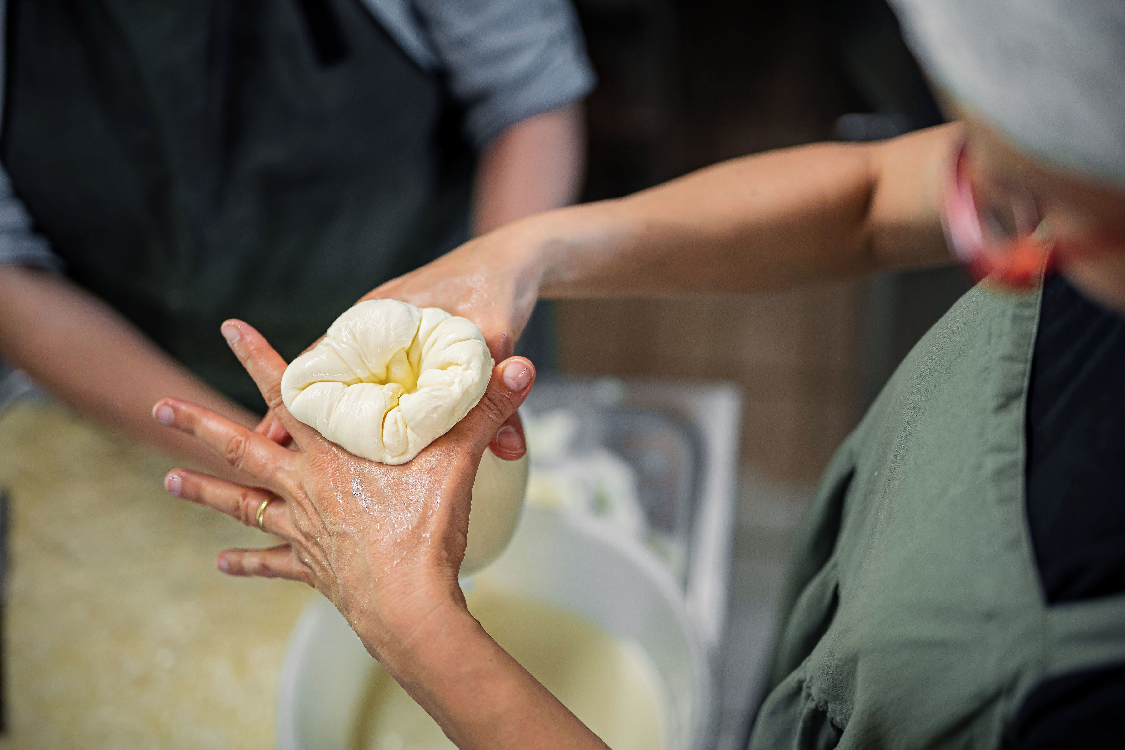 A person holding a dough ball, likely in a kitchen setting.