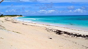 A beach with clear turquoise waters, a sandy shore, and a line of vegetation. - Green Shutters: Charming 19th-Century Cottage in the Heart of Hope Town (Elbow Cay)