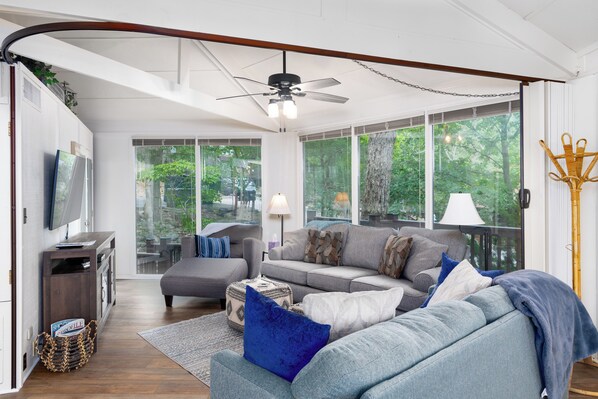 Smart TV, fireplace, DVD player, books