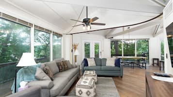 TV connectée, cheminée, lecteur de DVD, livres