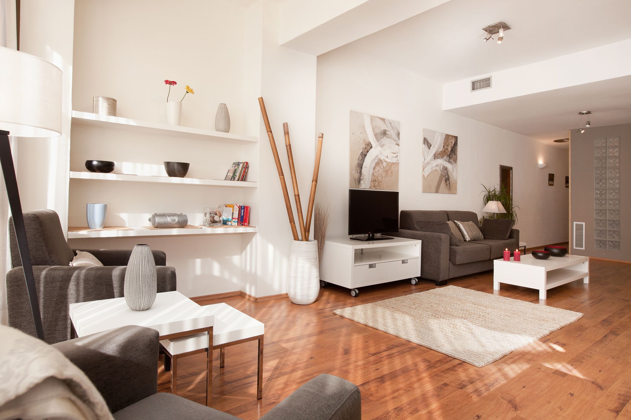 TV, DVD player, books, stereo