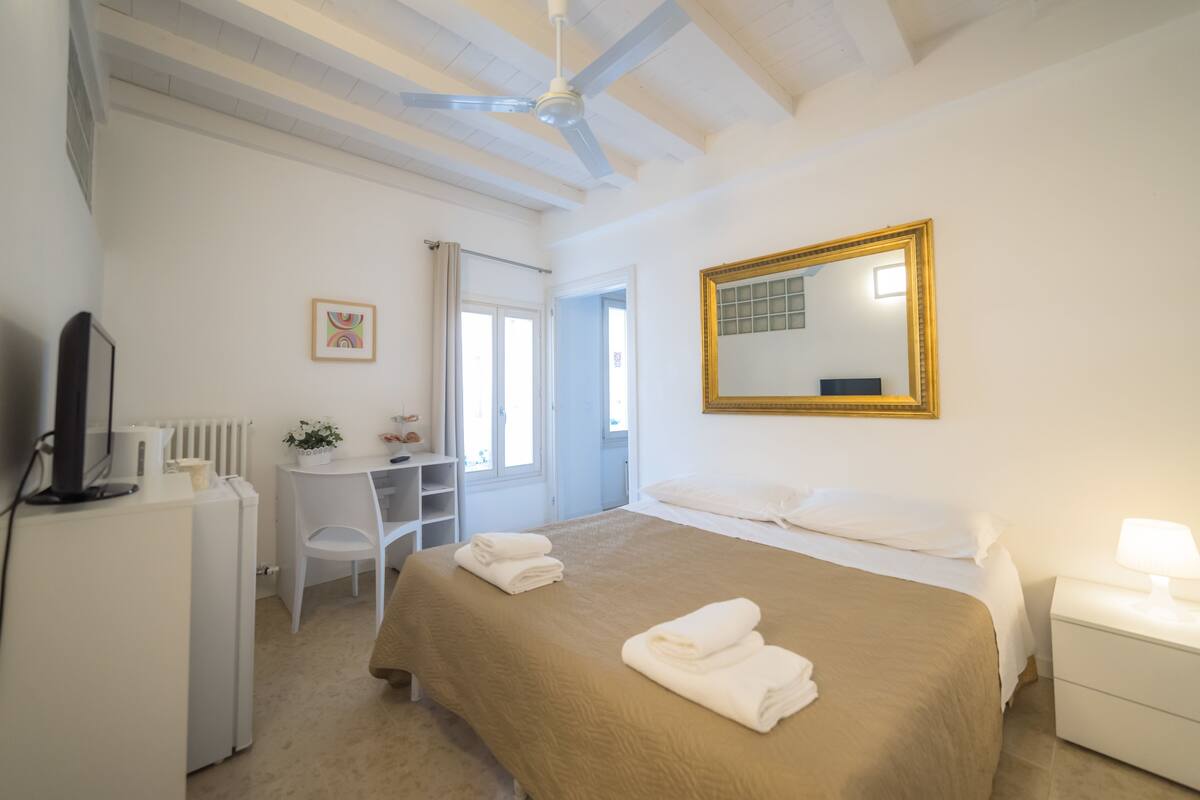 A hotel room with a bed, a desk, a chair, a radiator, a television, and a mirror.