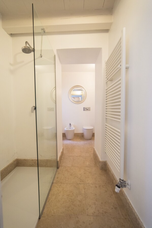 Un baño con cabina de ducha de vidrio, inodoro y bidé.