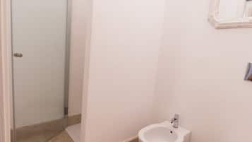 A bathroom with a toilet, bidet, and a shower area.