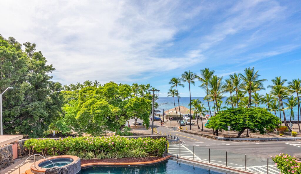 A pool surrounded by lush greenery and palm trees, with a view of the ocean.