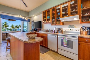 Fridge, microwave, dishwasher, coffee/tea maker