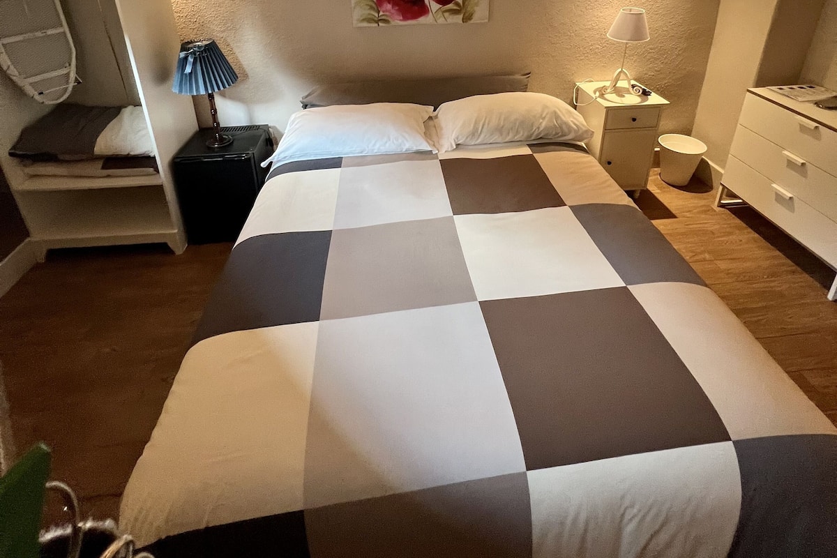 A neatly arranged bedroom with a checkered bedspread, a wall-mounted painting of flowers, bedside lamps, and a small bedside table.