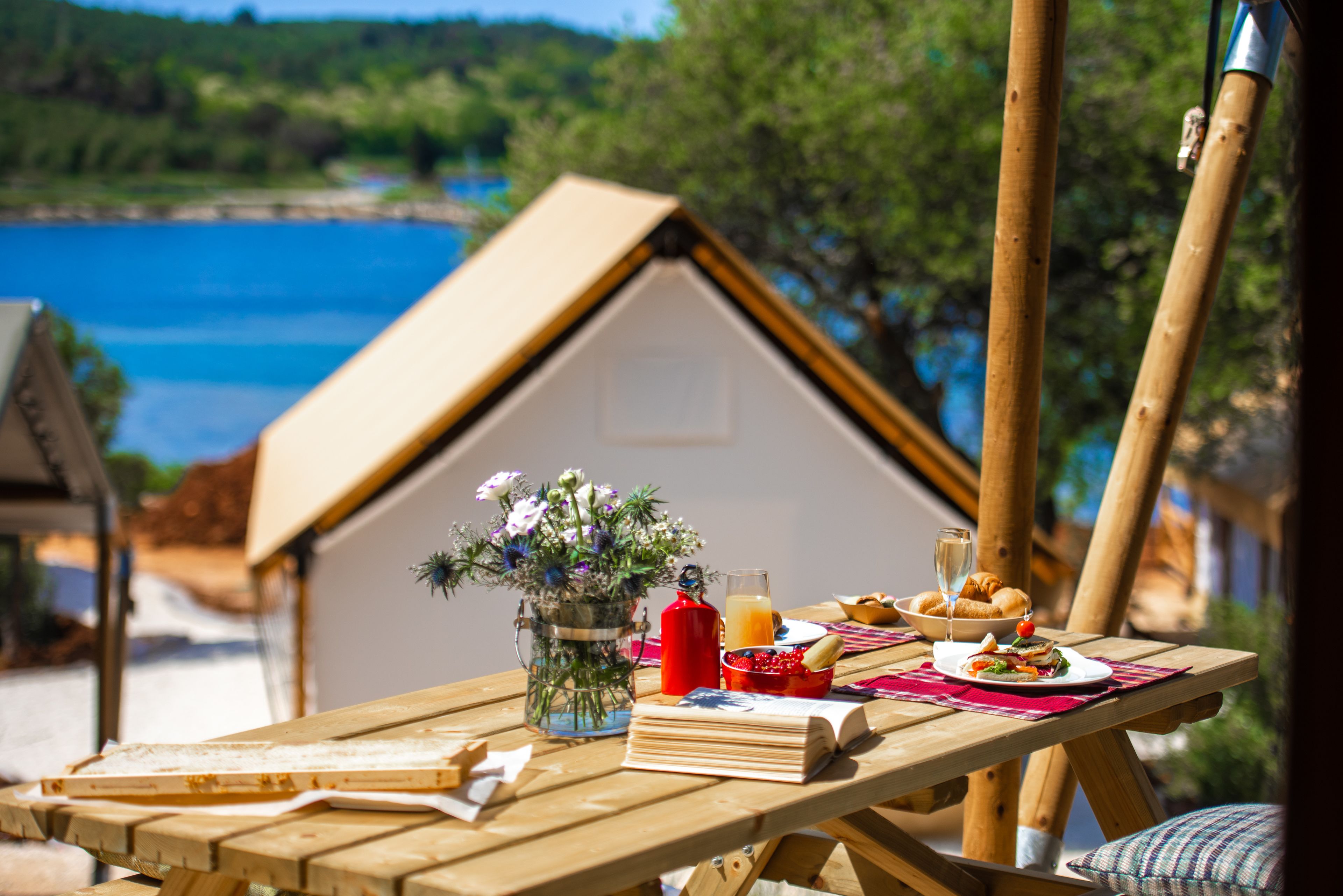 Une table en bois, sur laquelle on a disposé un livre, un verre de jus de fruits, un verre de jus d’orange, un panier de fruits, une assiette de nourriture et un verre de vin.
