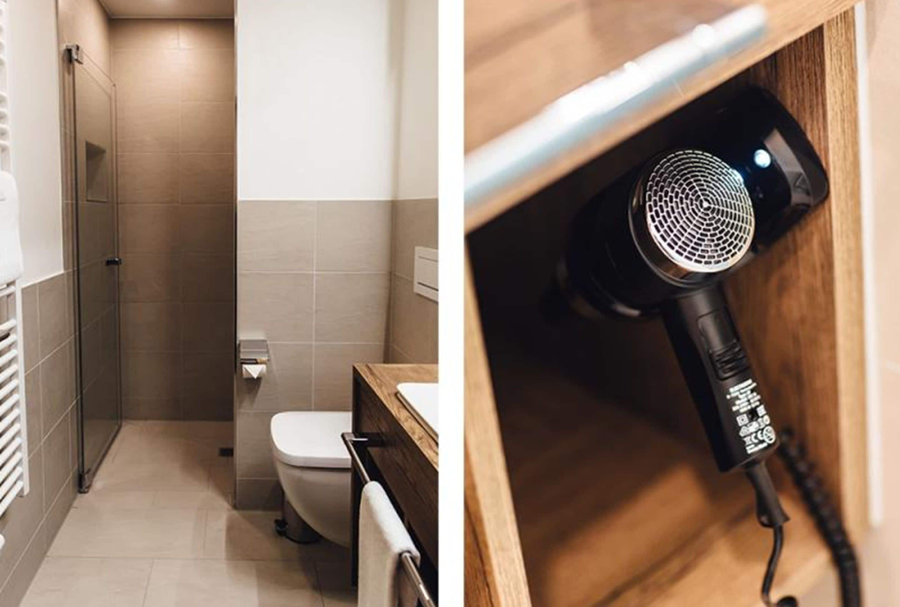 A bathroom with a toilet, a shower, and a hairdryer on a wooden surface.