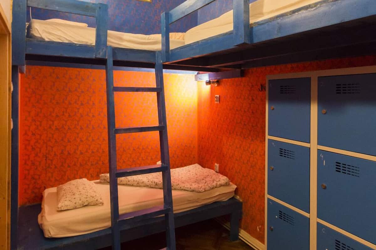 A bunk bed room with a wooden ladder, a single bed, and a set of blue lockers.