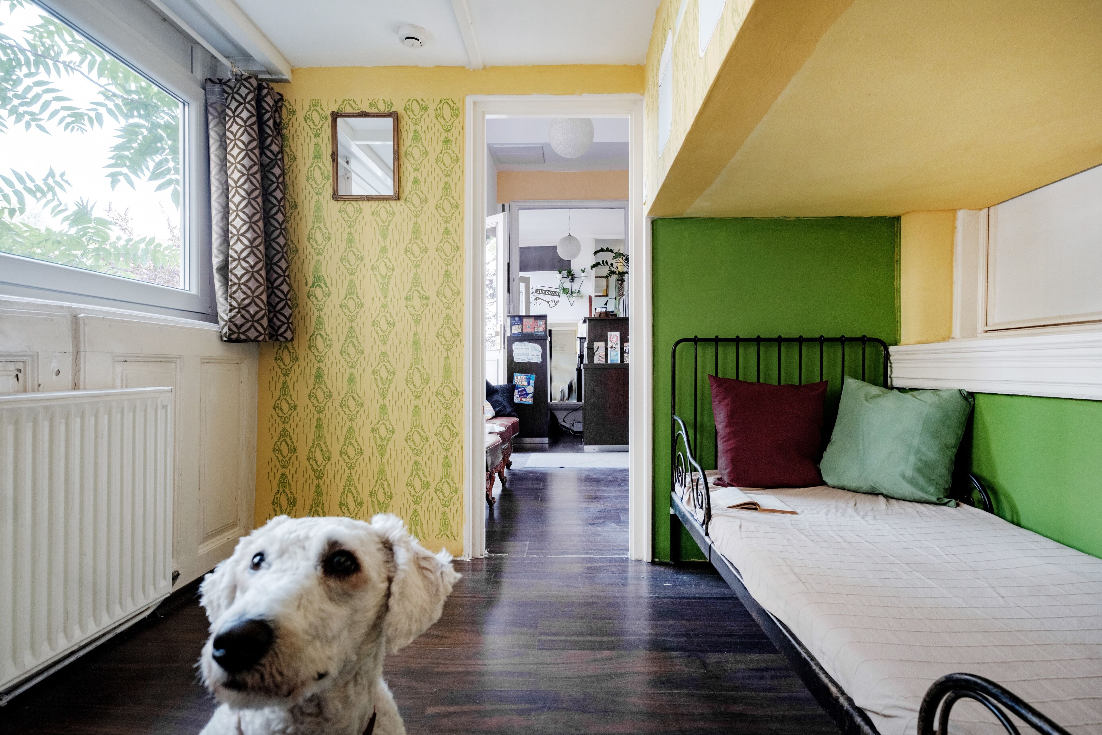 A room with a bed, a radiator, a window with curtains, and a hallway leading to another room.
