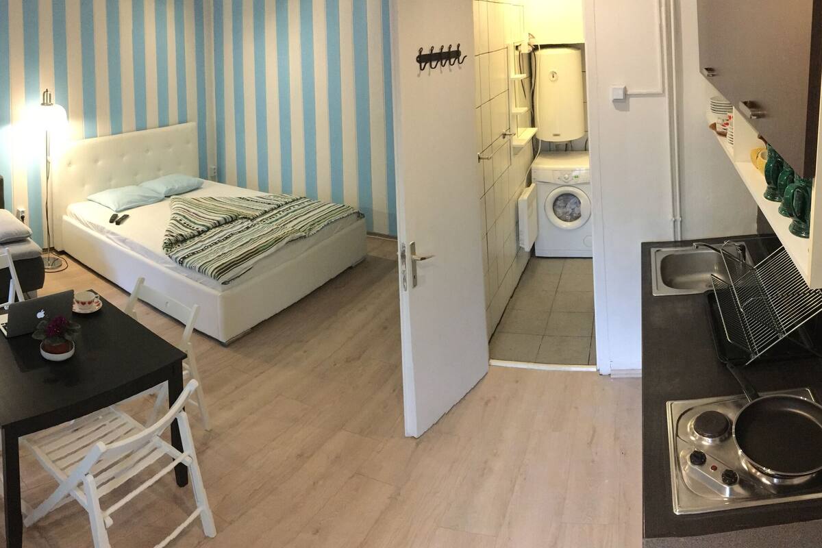 A compact living space with a sofa, a bed, a dining table with chairs, a washing machine, and a kitchenette.