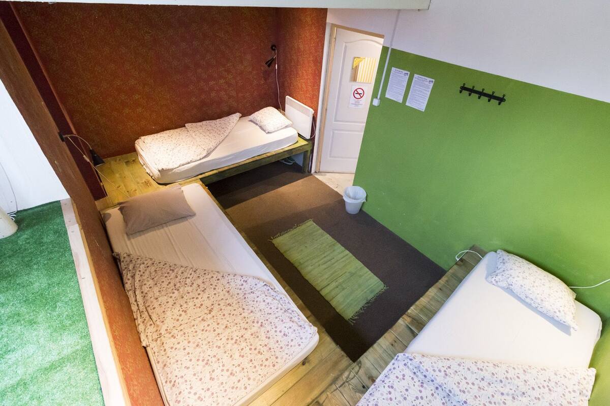 A compact room with two single beds, a small desk, and a green wall with a white door.