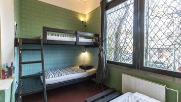 A bunk bed room with a ladder, a window with a metal screen, and a radiator.