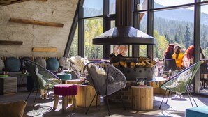 A cozy, well-lit room with large windows offering a mountain view, comfortable seating, and a wood-burning stove. - Pino Nature Hotel, BW Premier Collection (Sarajevo)