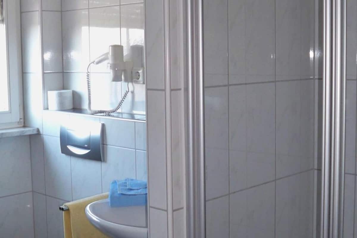 shower, free toiletries, hair dryer, towels