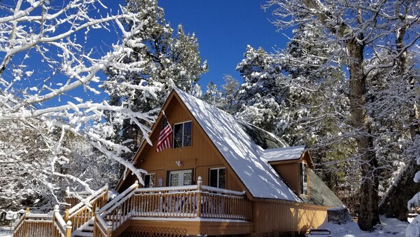 A wooden cabin with a porch and a staircase, surrounded by snow-covered trees.