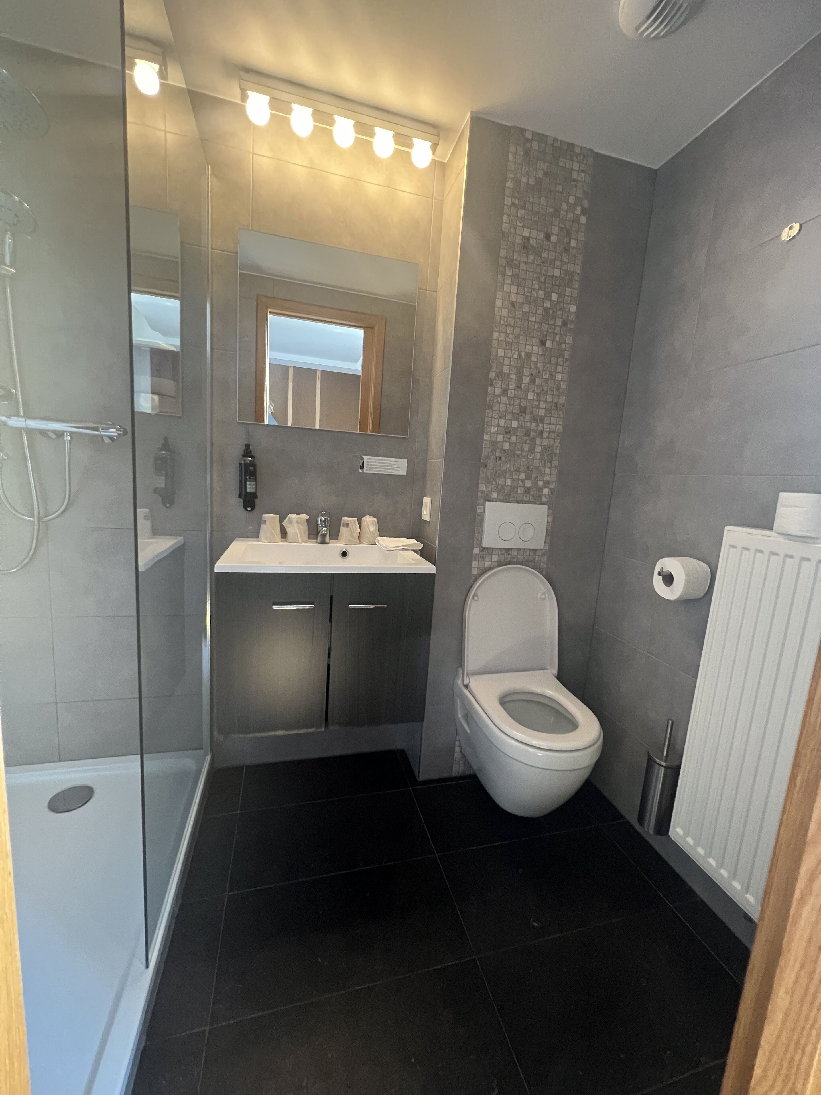 Een moderne badkamer met een douchecabine van glas, een wit toilet en een wastafel met spiegel.