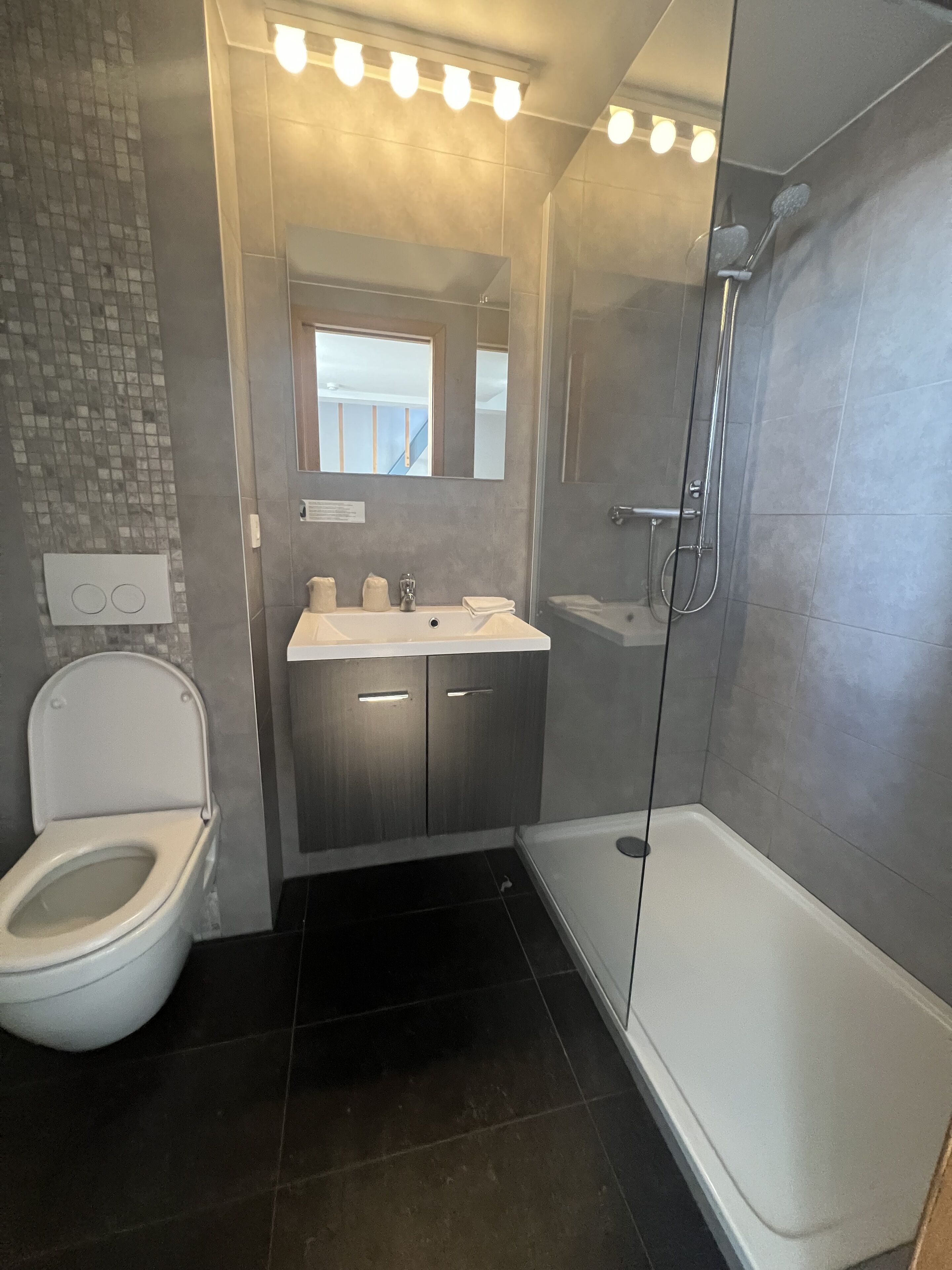 A modern bathroom with a toilet, sink, and shower.