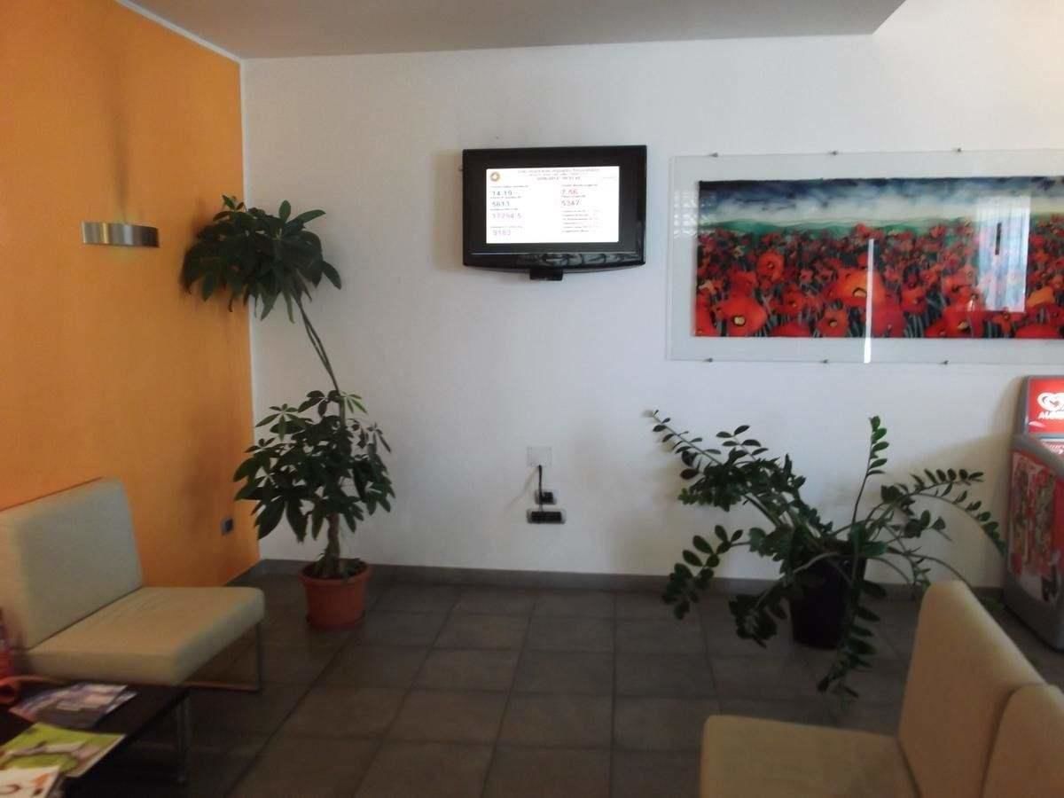 A reception area with a flat-screen TV, two potted plants, and a painting on the wall.