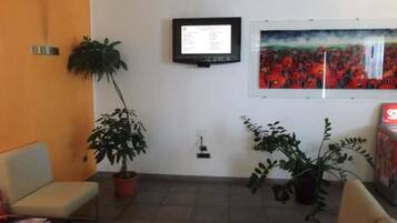 A reception area with a flat-screen TV, two potted plants, and a painting on the wall.