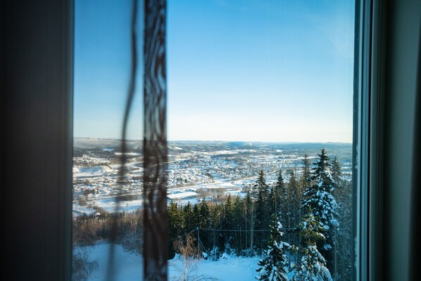 Vista a través de una ventana con paisaje nevado, árboles y un pueblo lejano.