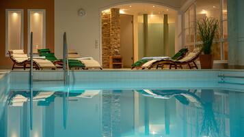 Indoor pool, open 8:00 AM to 8:30 PM, pool umbrellas, sun loungers