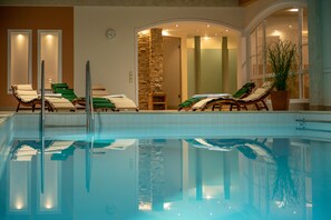 Indoor pool, open 8:00 AM to 8:30 PM, pool umbrellas, sun loungers